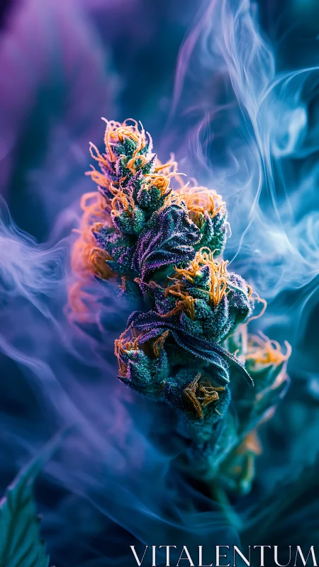 Macro cannabis flower with smoke in blue and purple light.