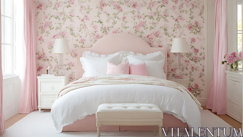 Blush blossoms drift around a cloud-soft pink bedroom retreat