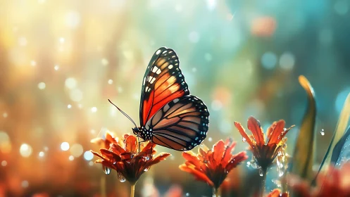 Butterfly lingers like living stained glass above sunlit petals