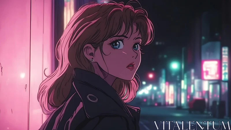 Neon-lit anime portrait captures nocturnal city ambience precisely