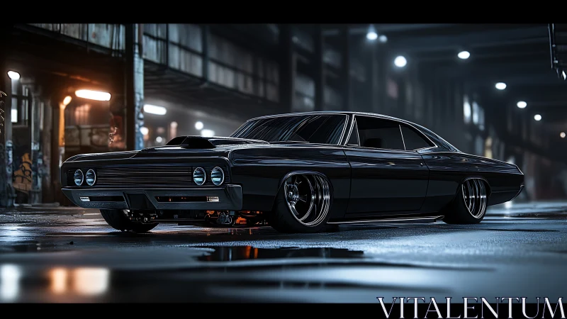 Black muscle car parked on wet urban street at night.