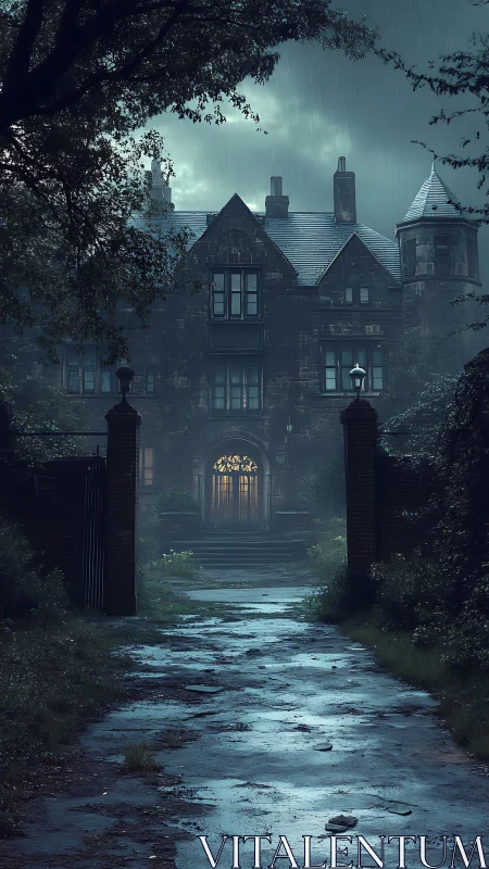 Rain-soaked Gothic manor facade under moody atmospheric lighting