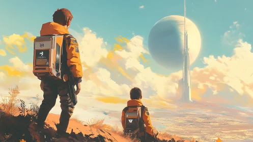 Two explorers study orbital tower beneath massive gas giant