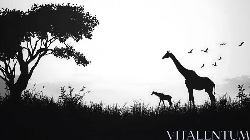 Giraffes walk through misty savanna grassland at sunrise