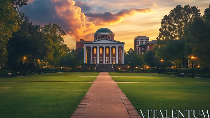 Neoclassical campus hall at sunset with landscaped lawn.