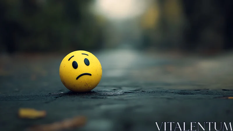 Yellow emoticon ball on wet pavement in shallow focus scene.