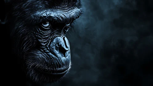 High-contrast simian portrait rendered in moody cyan lighting