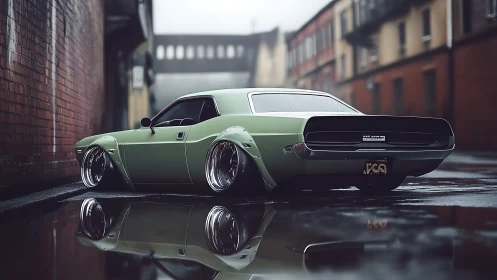 Low-slung mint muscle car prowls a rain-slicked back alley.