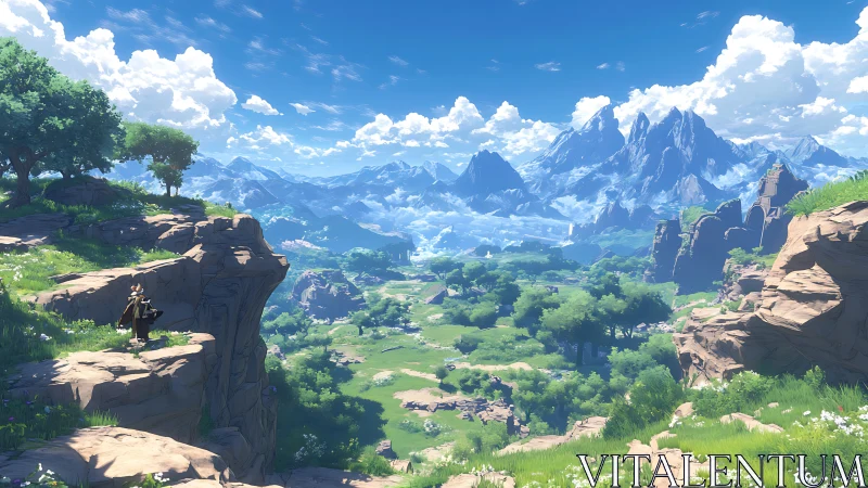 Expansive cel-shaded valley panorama with distant jagged mountains