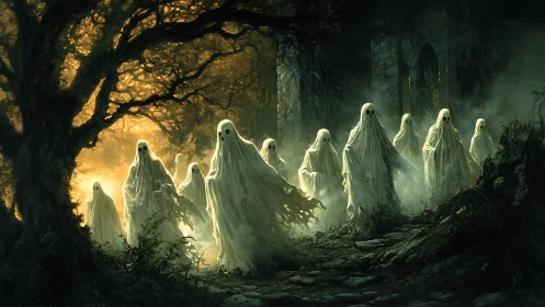 Pale phantoms emerging from a ruined forest chapel.