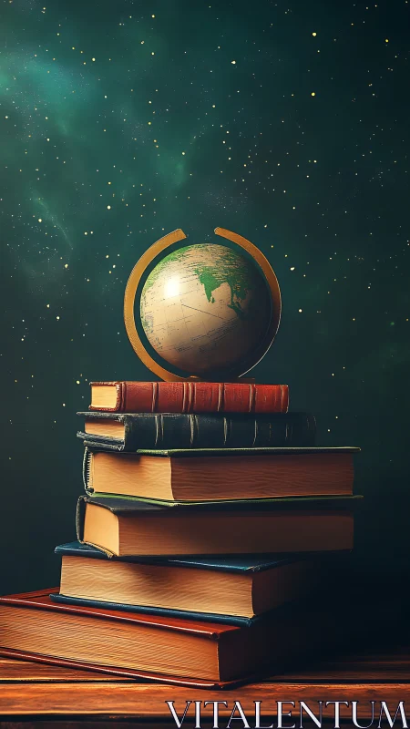 Stack of books with globe against starry green sky.