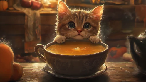 Kitten Peeking Over Pumpkin Soup Bowl in Warm Kitchen.
