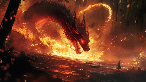 Blazing fire dragon coils above a lone hero in molten light