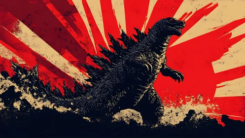 Giant reptilian creature silhouette with radial red backdrop.