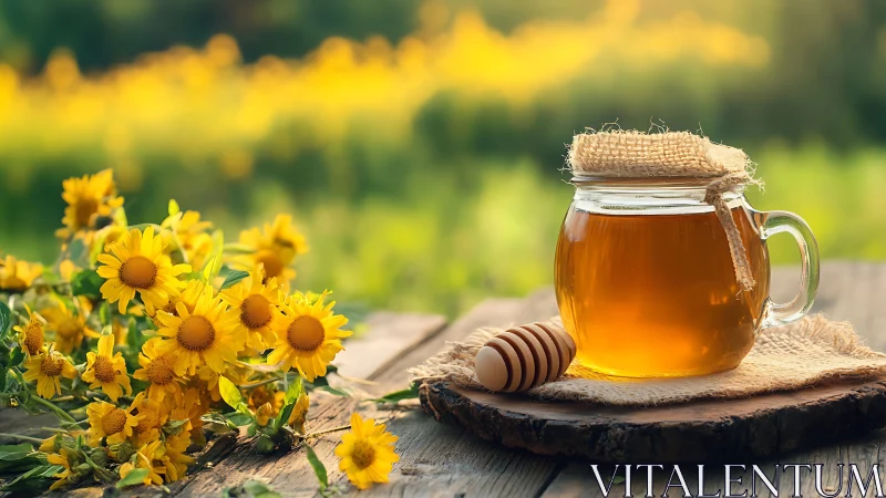 Backlit jar of herbal honey on rustic wood with shallow depth