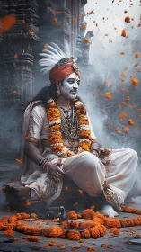 Ritual monarch in marigold vortex before carved stone shrine.