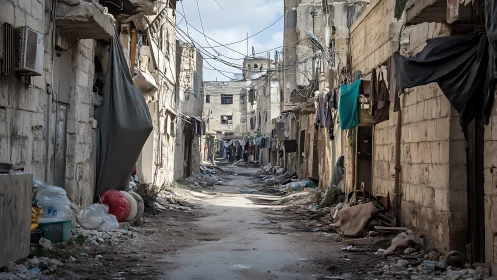 War-damaged alleyway framed by rubble, tarps and cables.