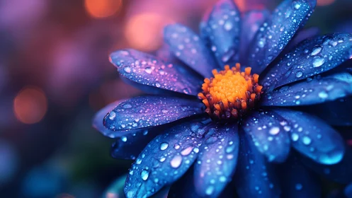 Blue Daisy with Orange Center in Water Droplets.