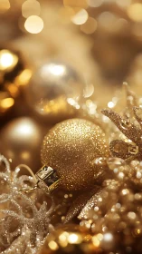 Glittering gold Christmas baubles glow in soft festive light