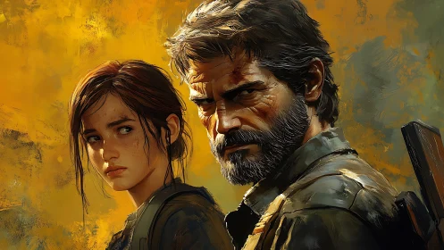 Two armed figures in profile against textured yellow ground.