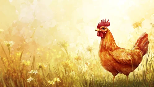 Rooster in Field with Wildflowers and Yellow Background.
