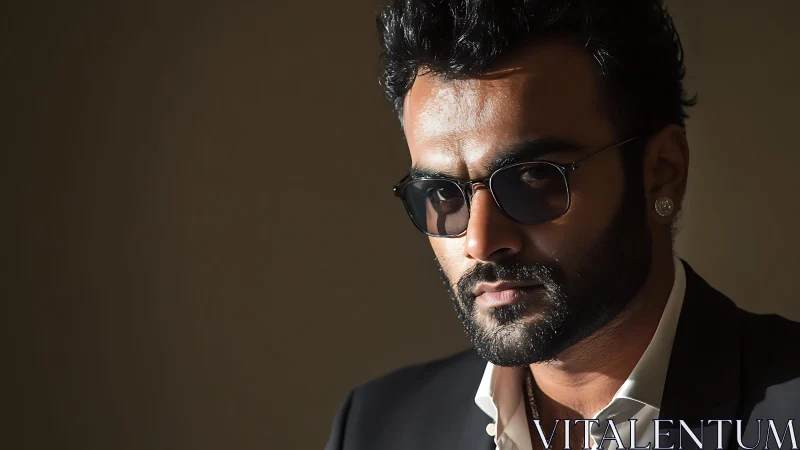 Moody low-key portrait of bearded man in dark sunglasses.