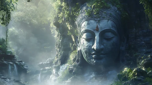 Colossal stone Buddha head amid misty jungle cliffs.
