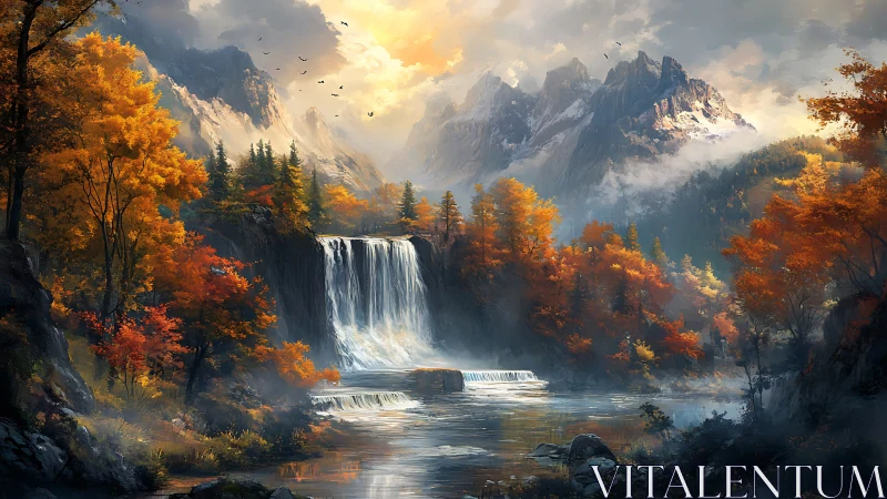 Golden autumn waterfall welcomes the quiet mountain valley
