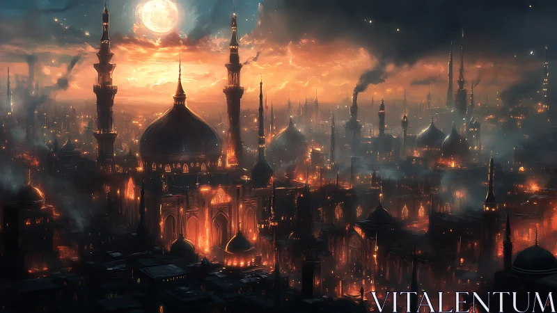 Moonlit domed city skyline under fiery orange sky.