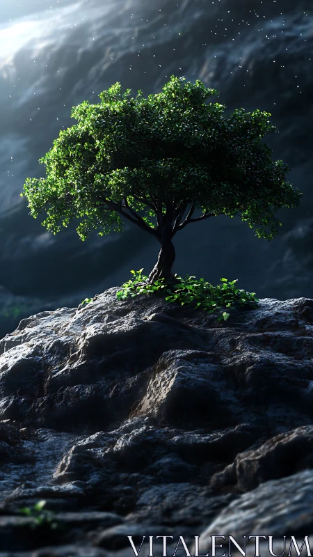Solitary green tree withstands harsh rocky mountainside light