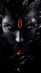 Intense warrior portrait with glowing orange eye and mark.