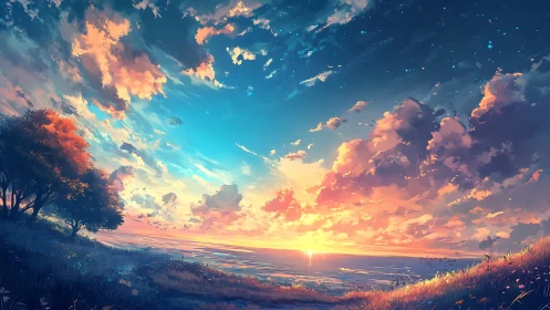 Twilight shoreline dreamscape under flaming cotton skies.