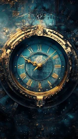 Steampunk clock face shows ornate gold hands and numerals