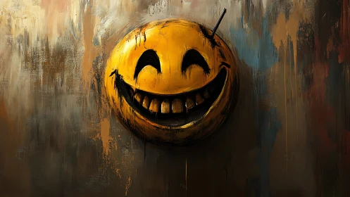 Grinning cracked smiley floats like graffiti on stormed metal
