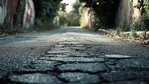 Cracked asphalt alleyway under soft afternoon light.