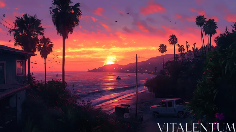 Digital painting coastal sunset with silhouetted palm trees.