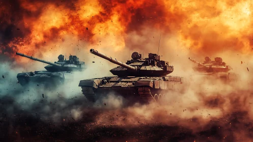 Main battle tanks advance through inferno of fire and smoke.