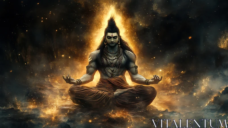 Cosmic yogi crowned in firelight, breathing galaxies into calm.