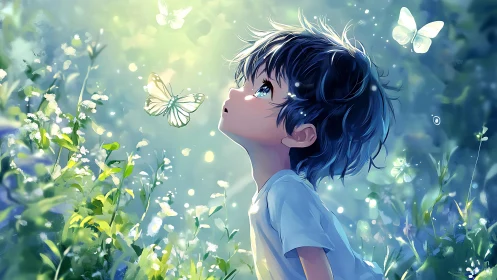 Wonderstruck child watching gentle butterflies in soft light.