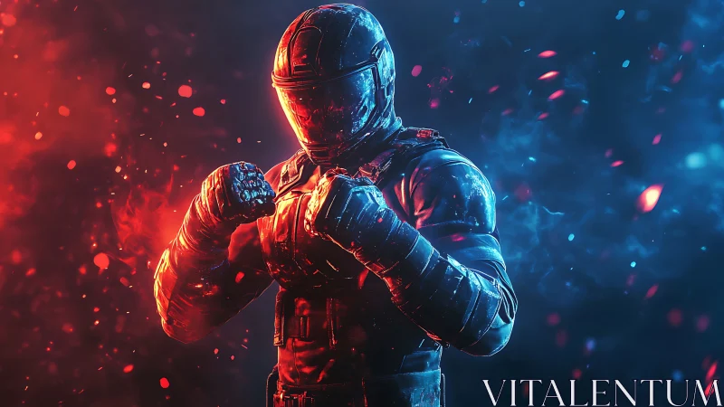 Armored cybernetic fighter in red blue bi-color volumetric light