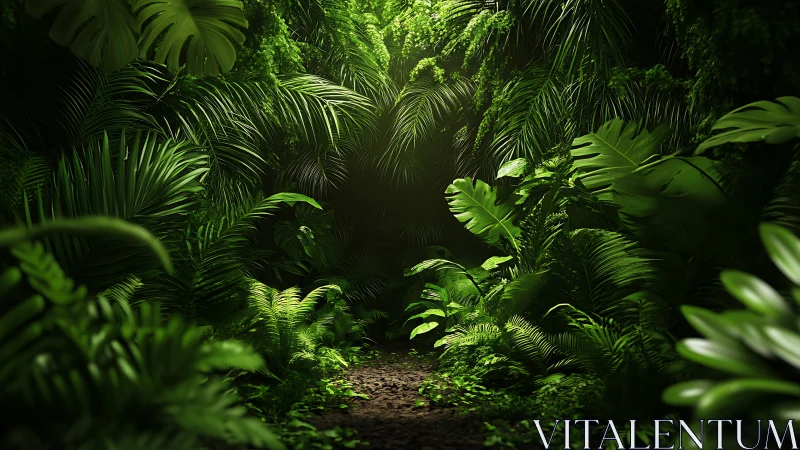 Dense Tropical Jungle Canopy with Layered Palm Fronds and Filtered Ambient Light