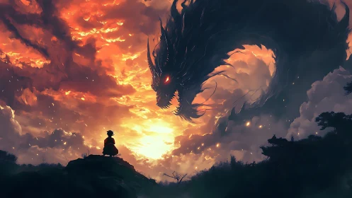 Lone warrior confronts a storm-swept dragon in burning skies
