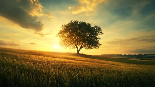 Solitary field tree crowned by molten gold sunset light.