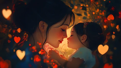 Mother and Child Embrace in Golden Bokeh Light.