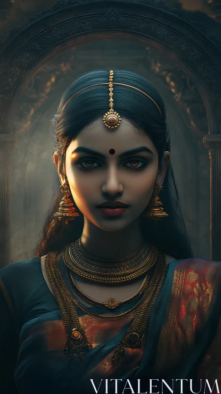 Regal Indian portrait under arched temple shadows.