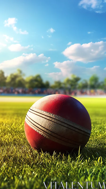 Red cricket ball rests on sunlit pitch under bright skies