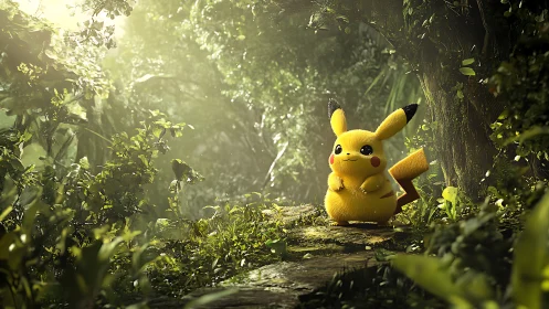 Pikachu in Enchanted Forest Glade. Golden Light Rendering.
