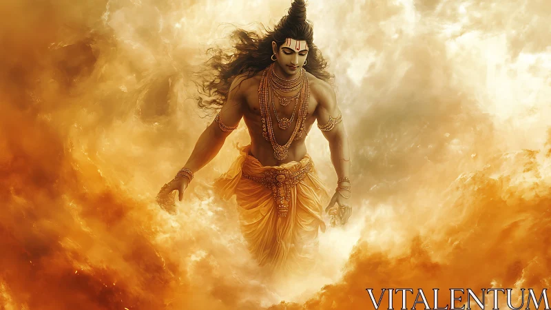 Storm-clad deity strides through blazing celestial clouds.