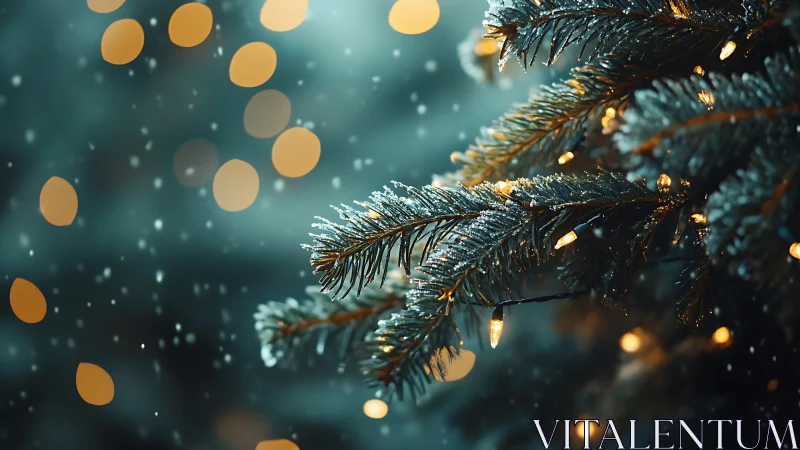 Snowy Christmas tree lights glow softly in a winter night