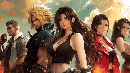 Anime heroes stand united under blazing cinematic sky.